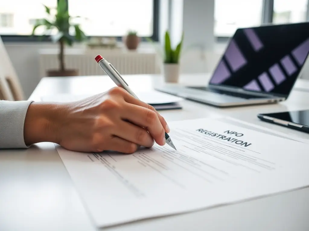 A person is filling out an NPO registration form, with a focus on the details and compliance aspects, in a well-lit office environment.