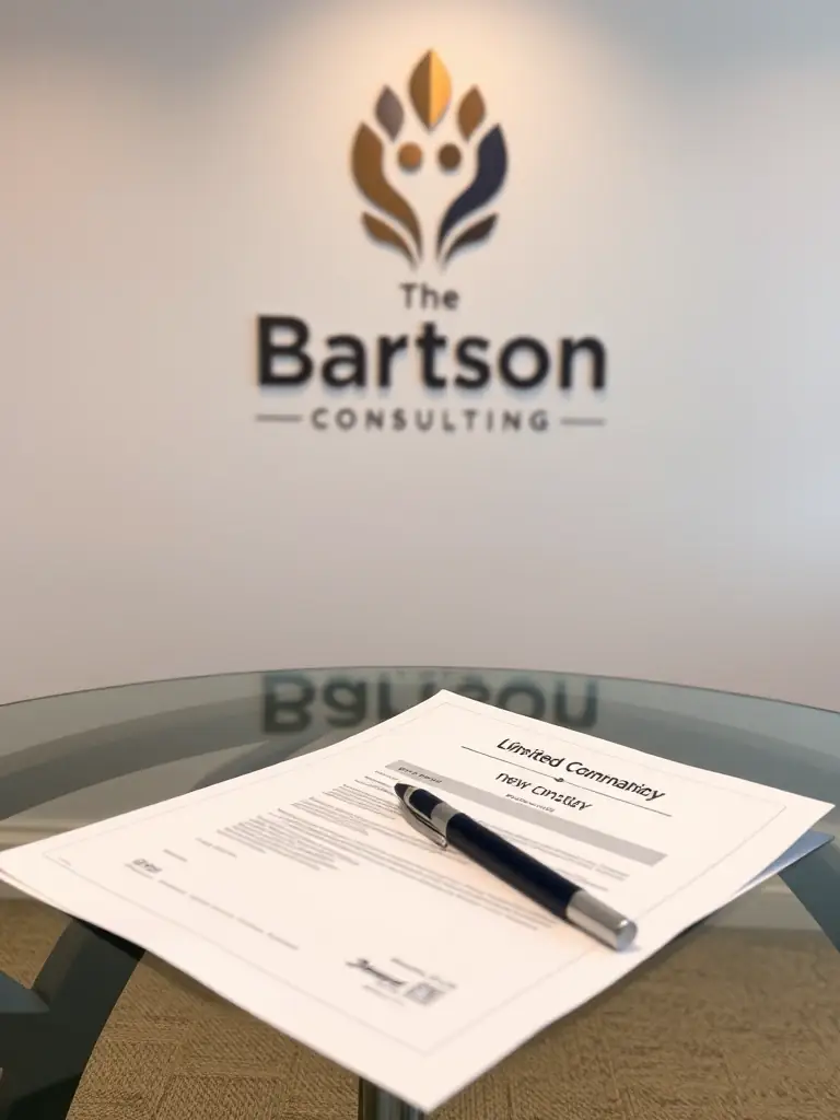 A professional image depicting the official registration documents for a new Limited Company, subtly showcasing the Bartson Consulting logo in the background.