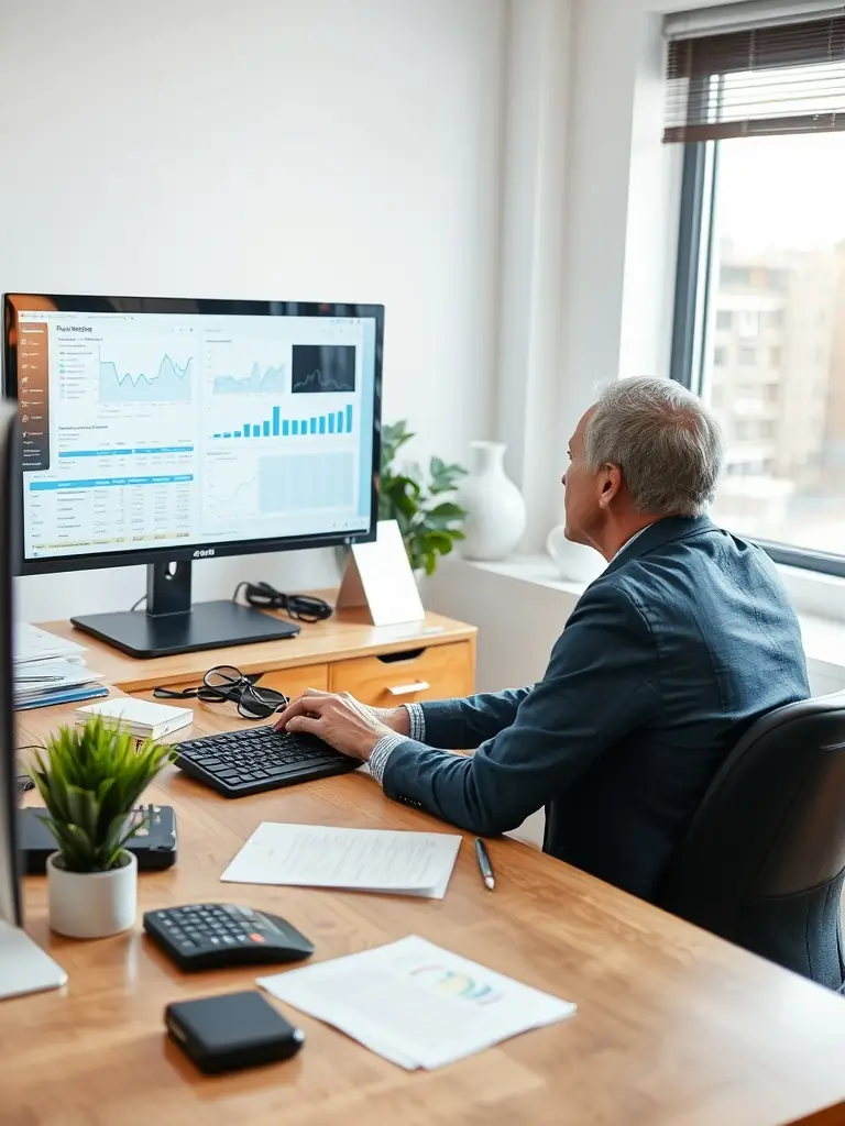 A professional accountant reviewing annual financial reports with a client in a modern office setting, emphasizing accuracy and attention to detail.