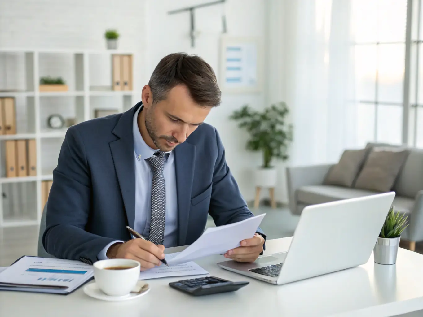 A professional accountant reviewing financial statements in a modern office setting, emphasizing accuracy and attention to detail.
