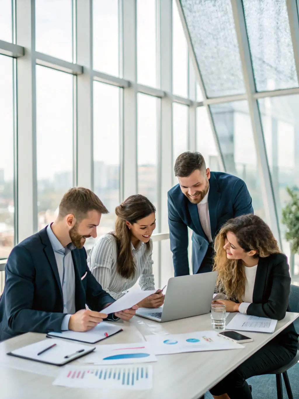 A diverse group of professionals collaborating on tax strategies in a modern office setting.