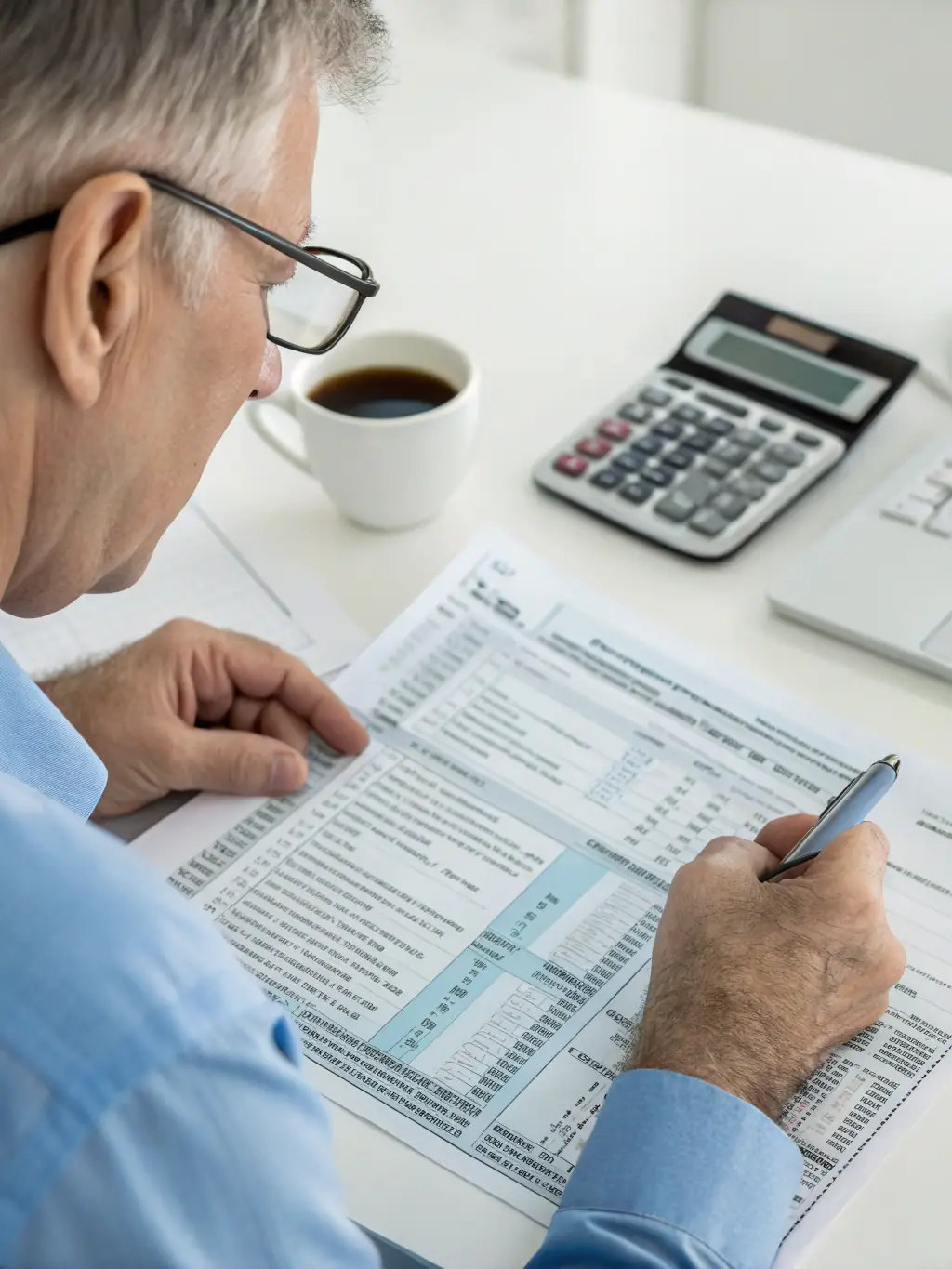 A person reviewing tax documents with a magnifying glass, emphasizing attention to detail and thoroughness.